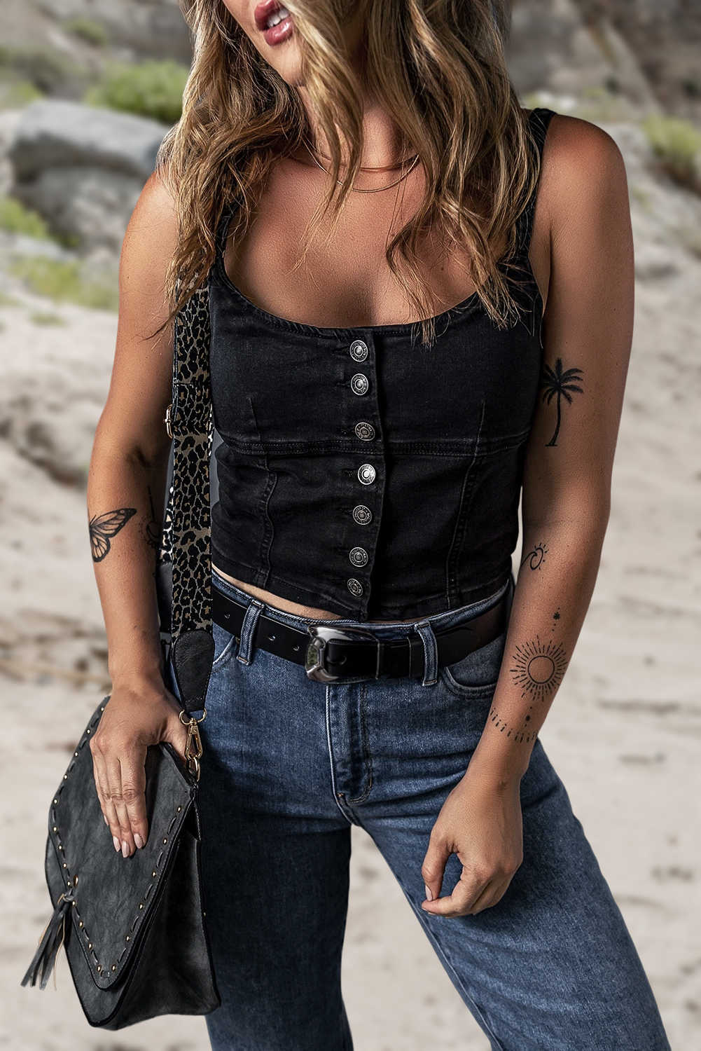 Button-up Cropped Denim Tank