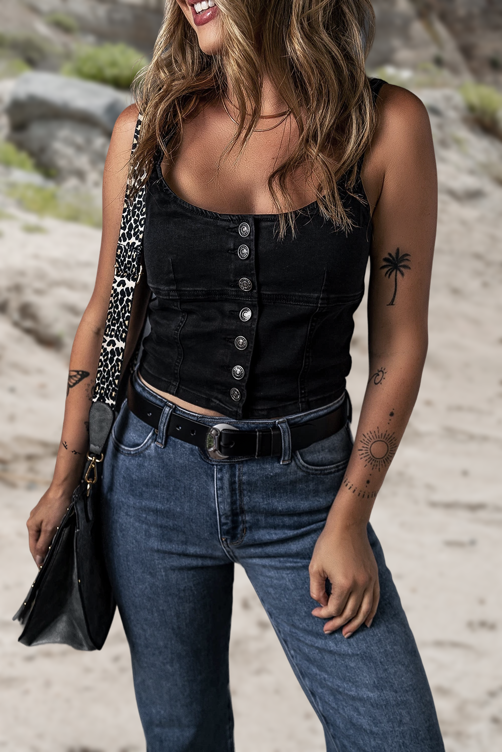 Button-up Cropped Denim Tank