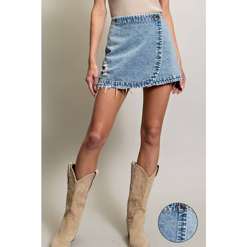 Stone washed denim mini skirt