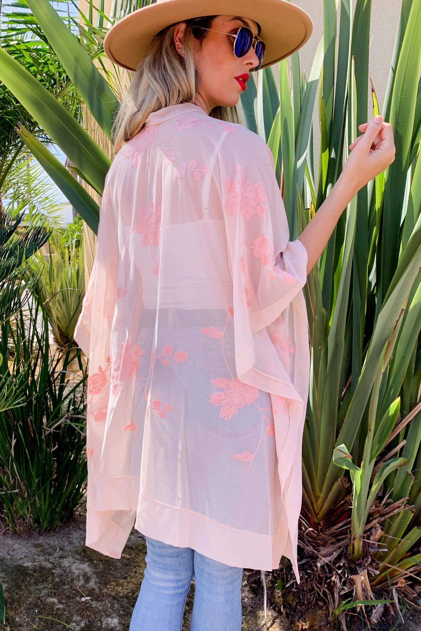 Blush Sheer Floral Embroidered Kimono