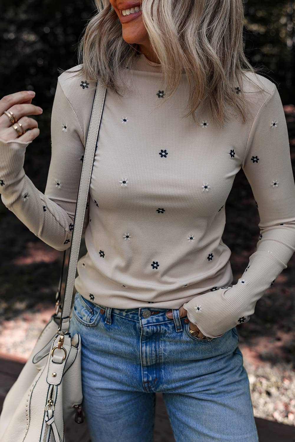 Floral Ribbed Mock Neck Long Sleeve Top
