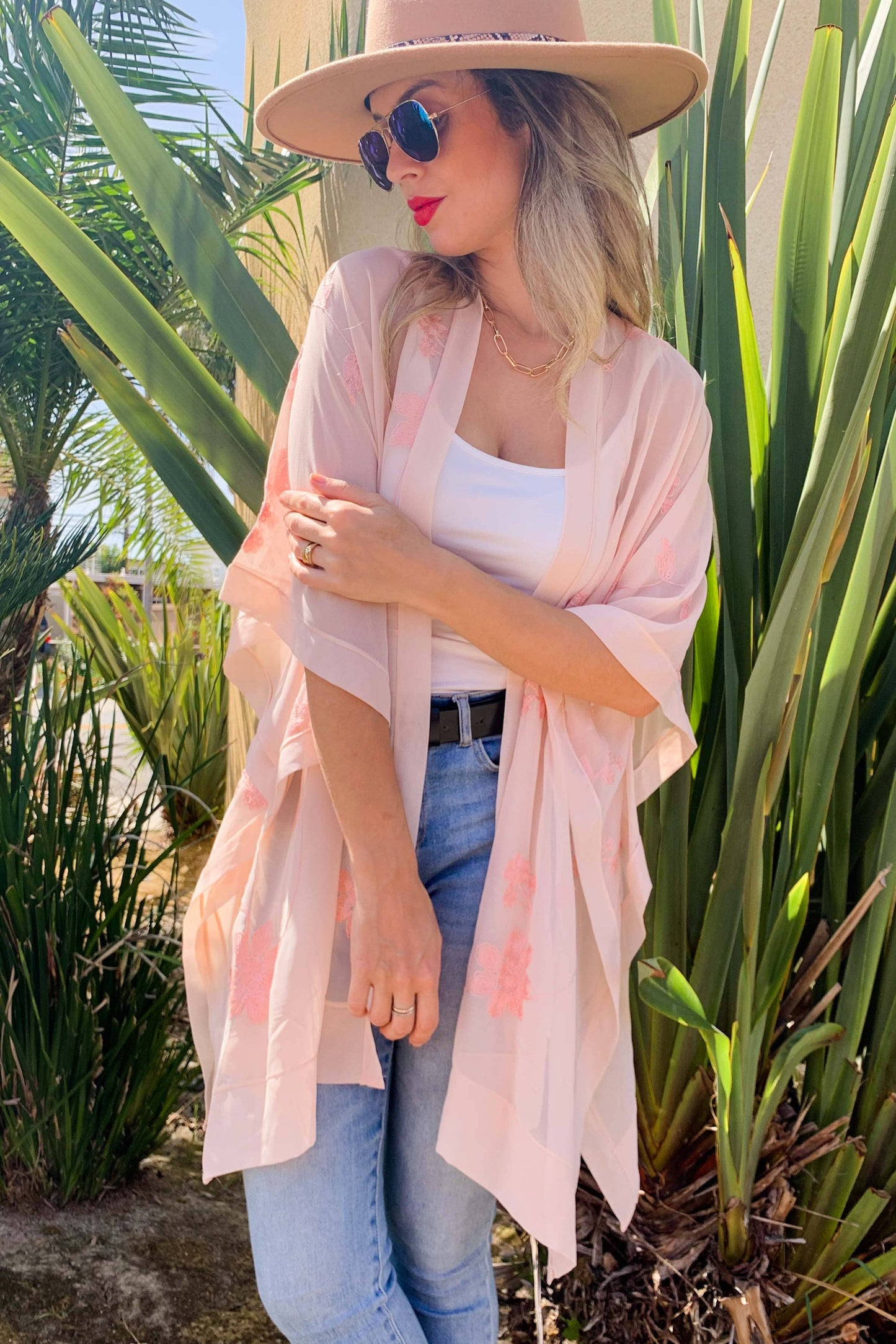 Blush Sheer Floral Embroidered Kimono