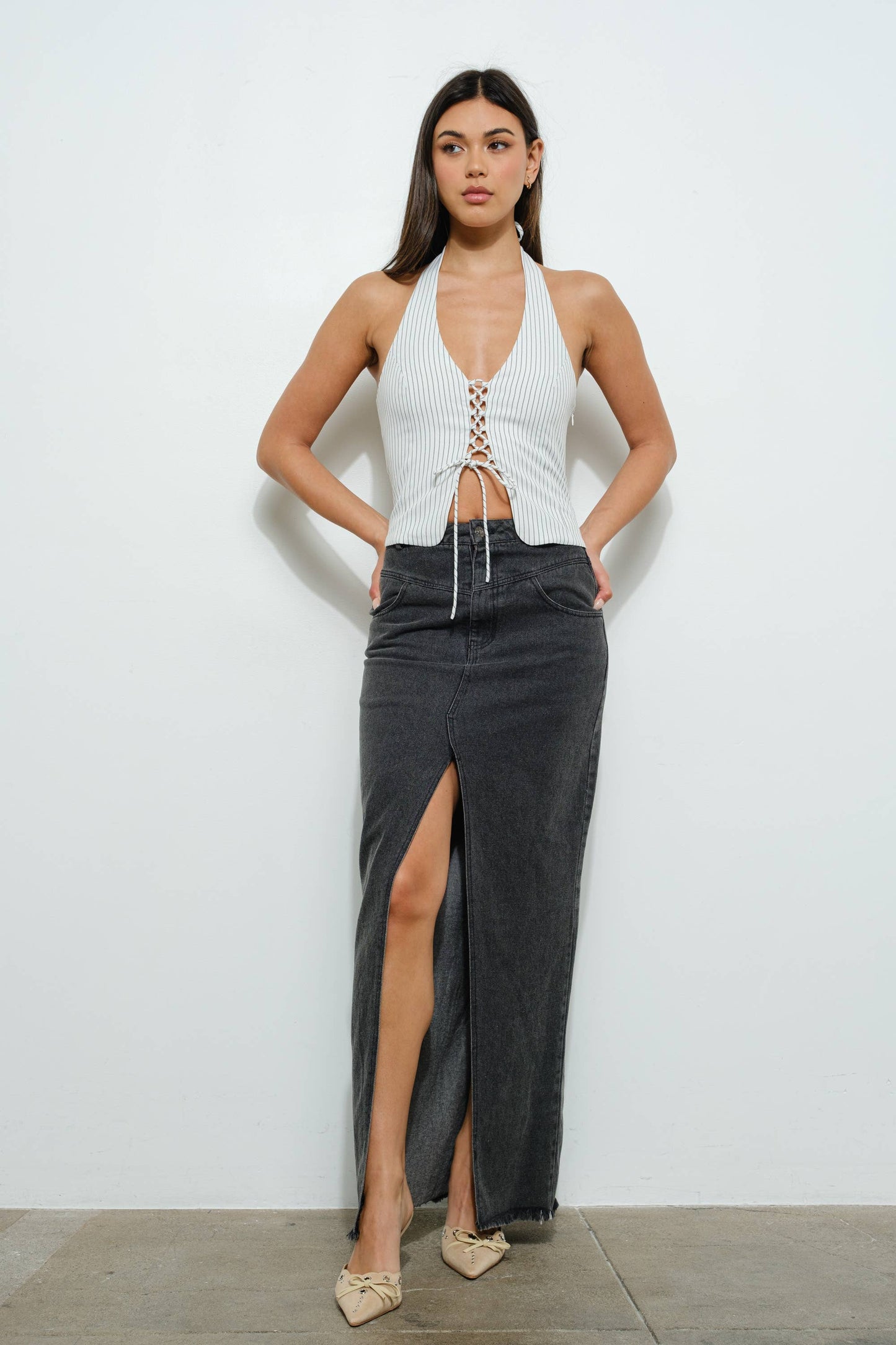 WASHED DENIM MAXI SKIRT