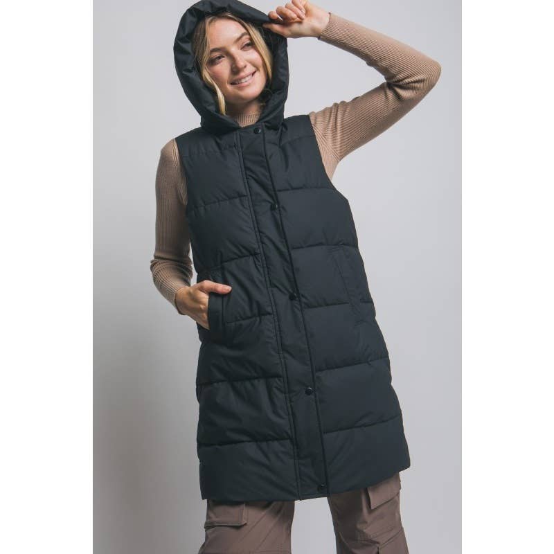 Hooded Long Quilted Puffer Vest
