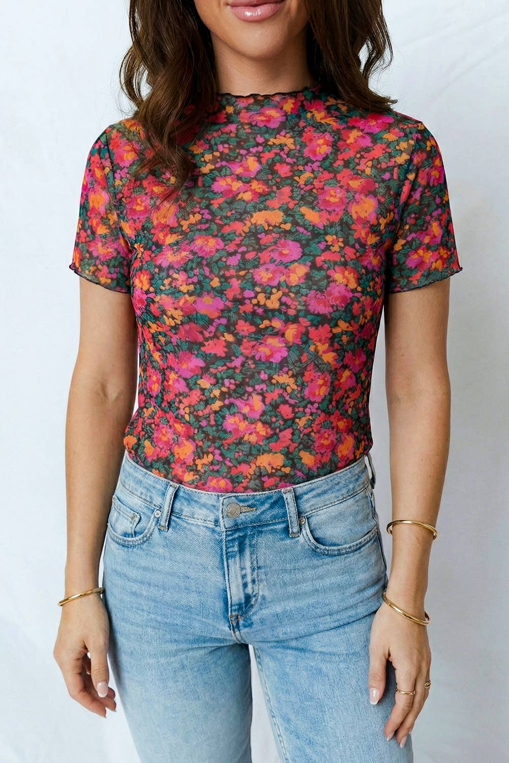 Retro Floral Mesh Top