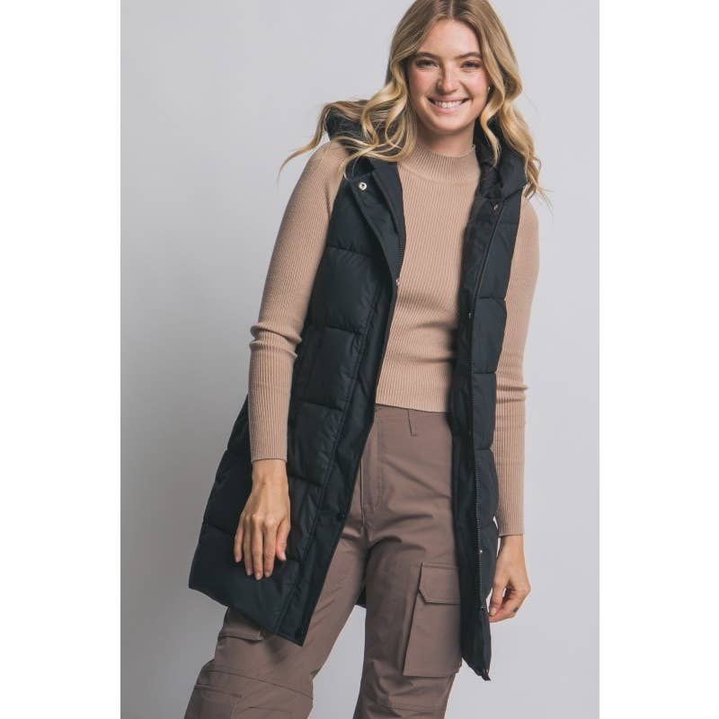 Hooded Long Quilted Puffer Vest