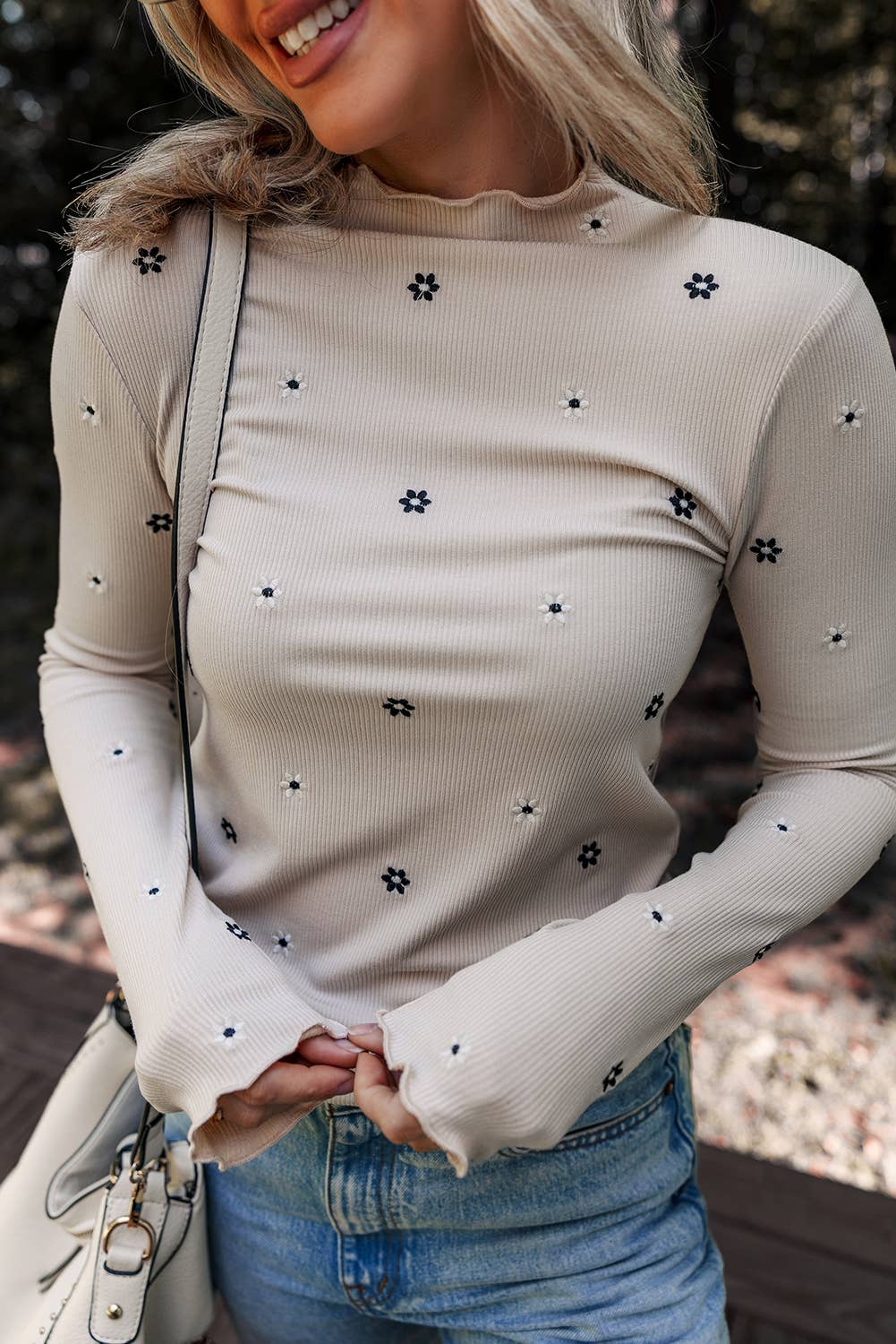 Floral Ribbed Mock Neck Long Sleeve Top