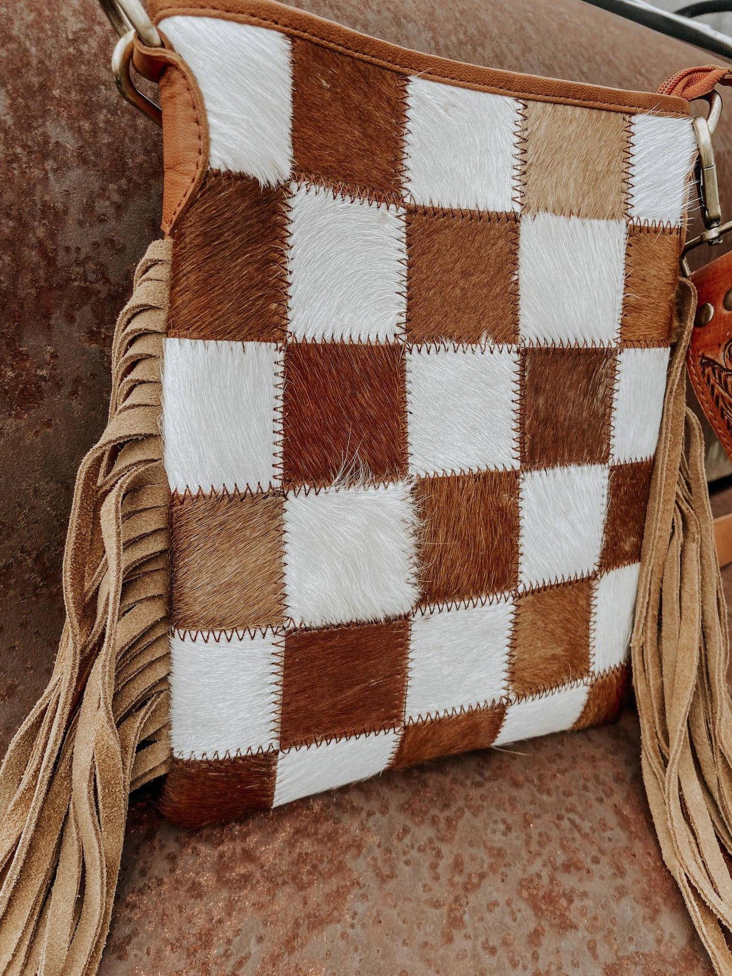 Checkered Cowhide Fringe Purse