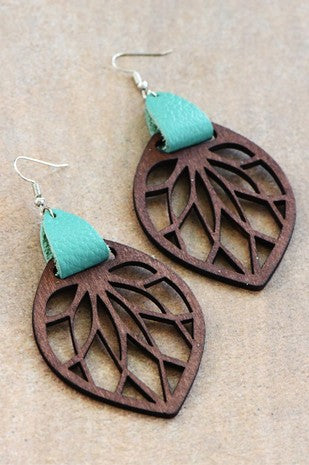 Boho Wooden Earrings w/leather teal