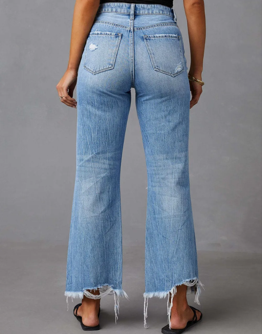 Distressed Raw Hem Jeans with Pockets