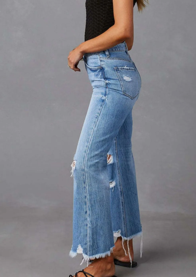 Distressed Raw Hem Jeans with Pockets