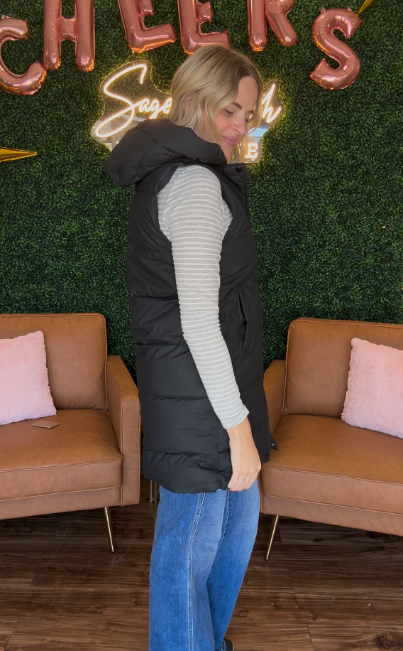 Hooded Long Quilted Puffer Vest
