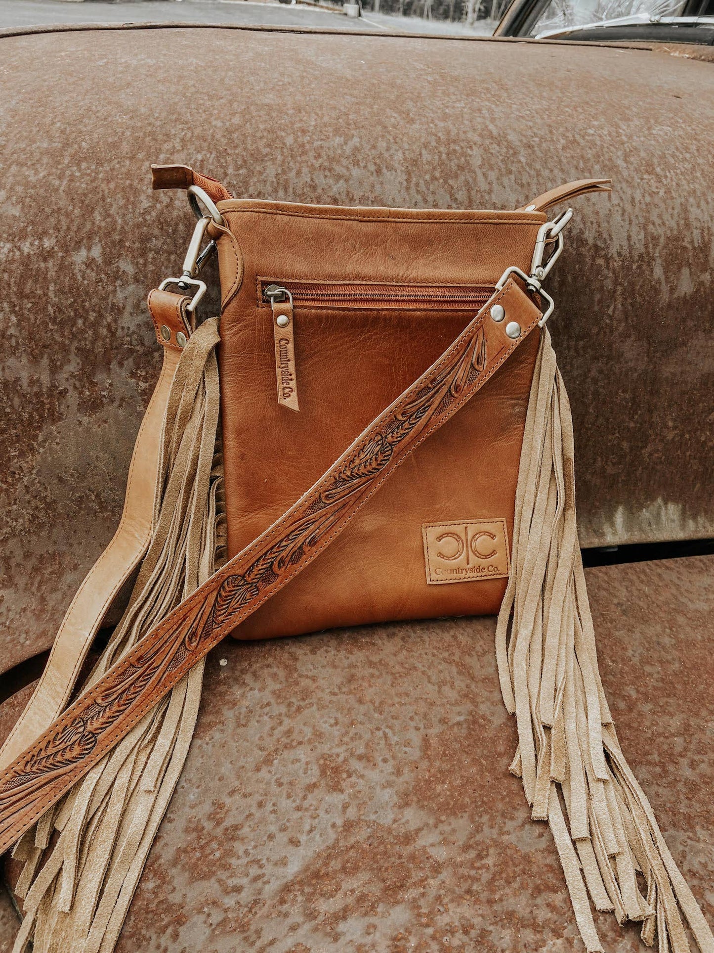 Checkered Cowhide Fringe Purse
