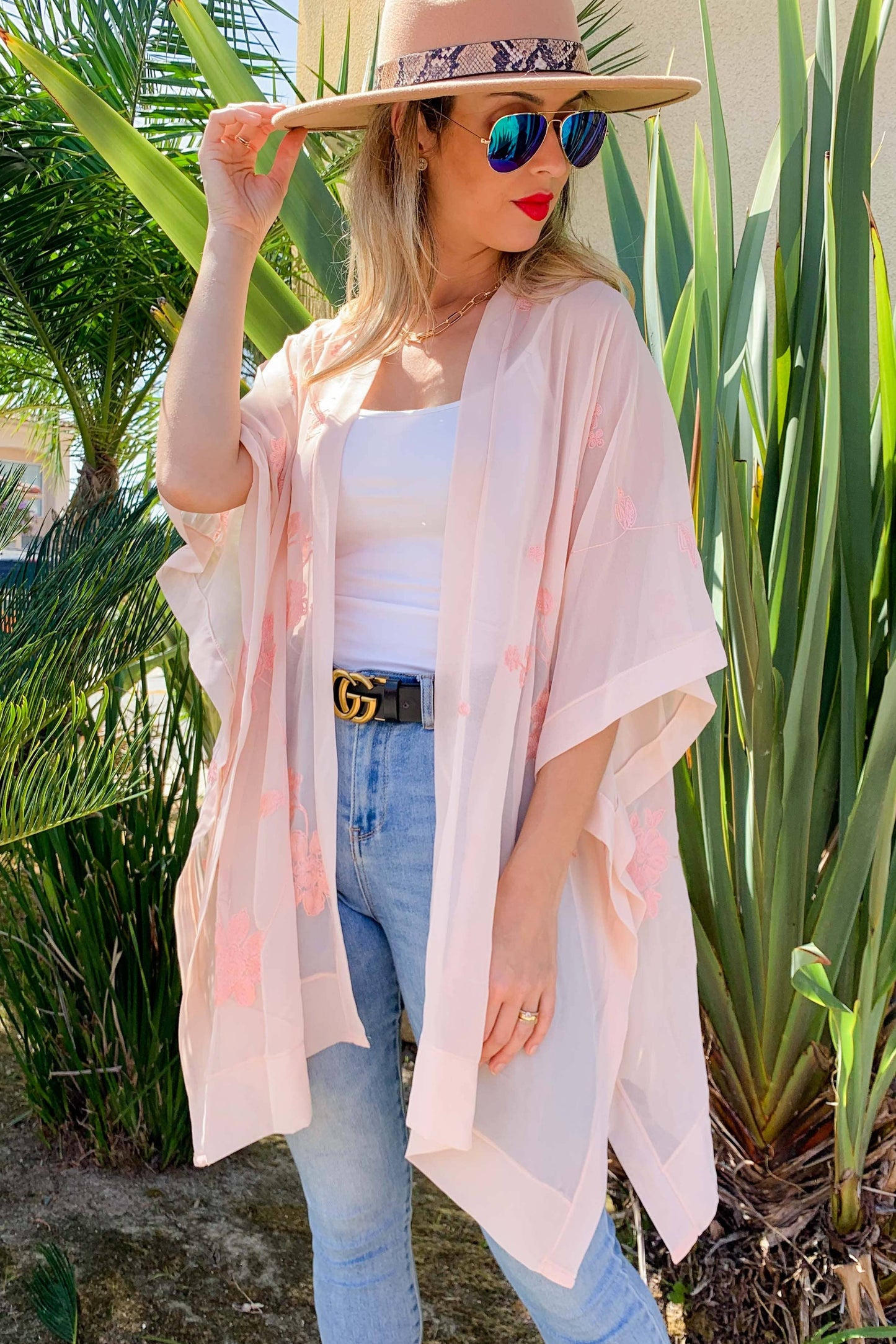 Blush Sheer Floral Embroidered Kimono
