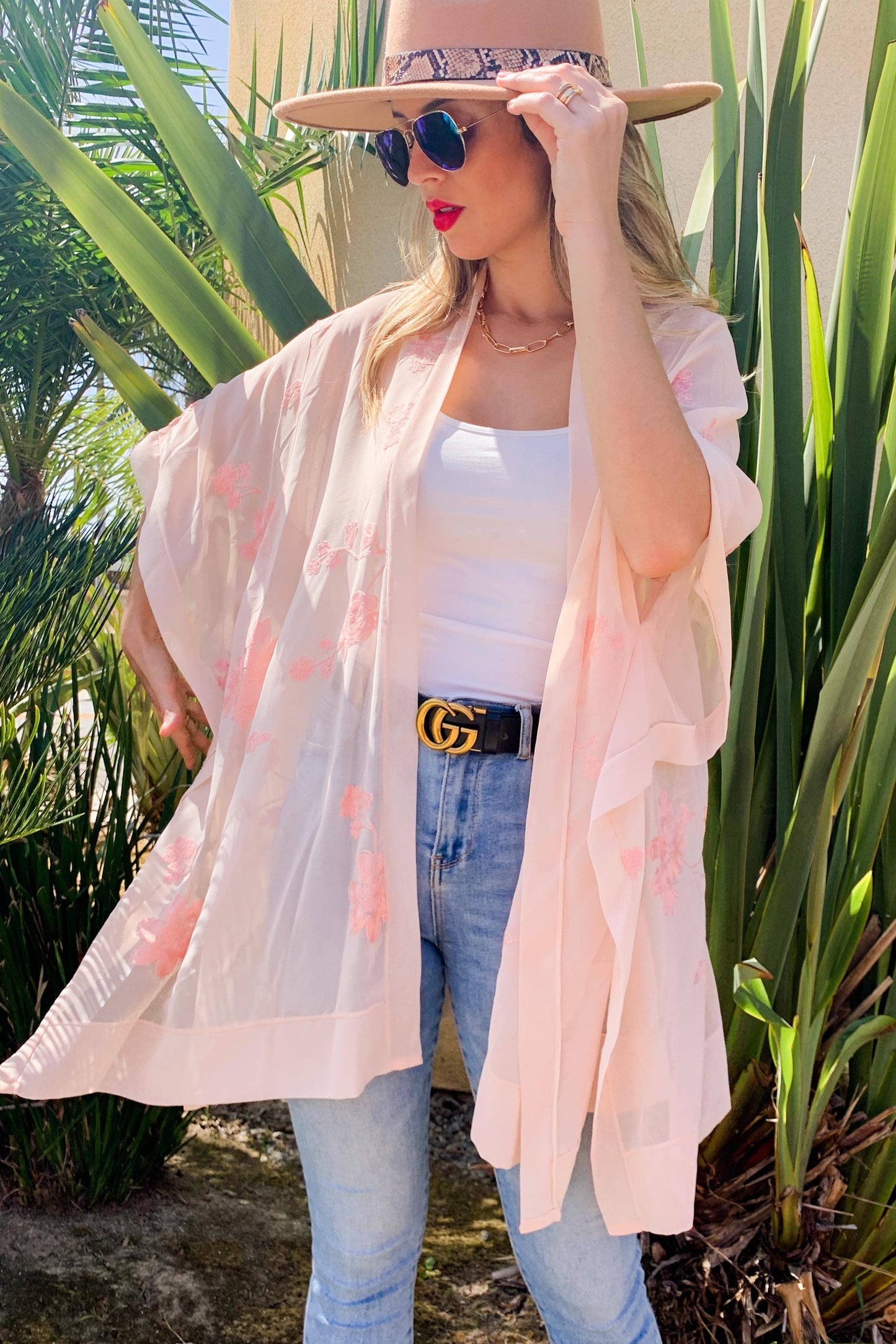 Blush Sheer Floral Embroidered Kimono
