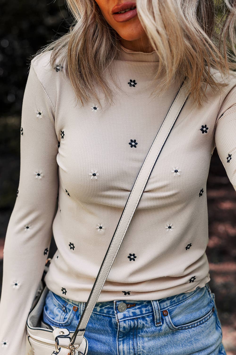 Floral Ribbed Mock Neck Long Sleeve Top