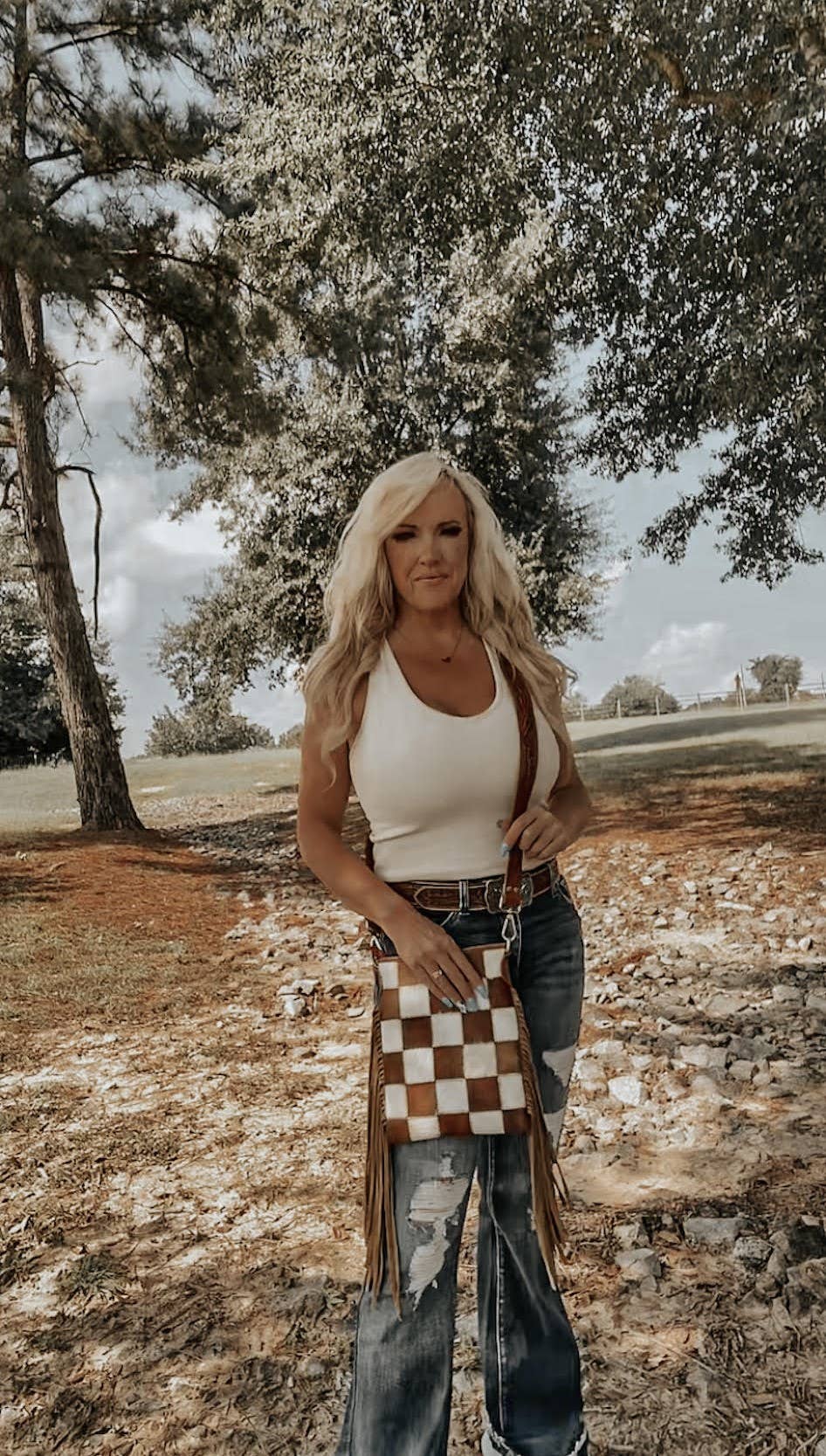 Checkered Cowhide Fringe Purse