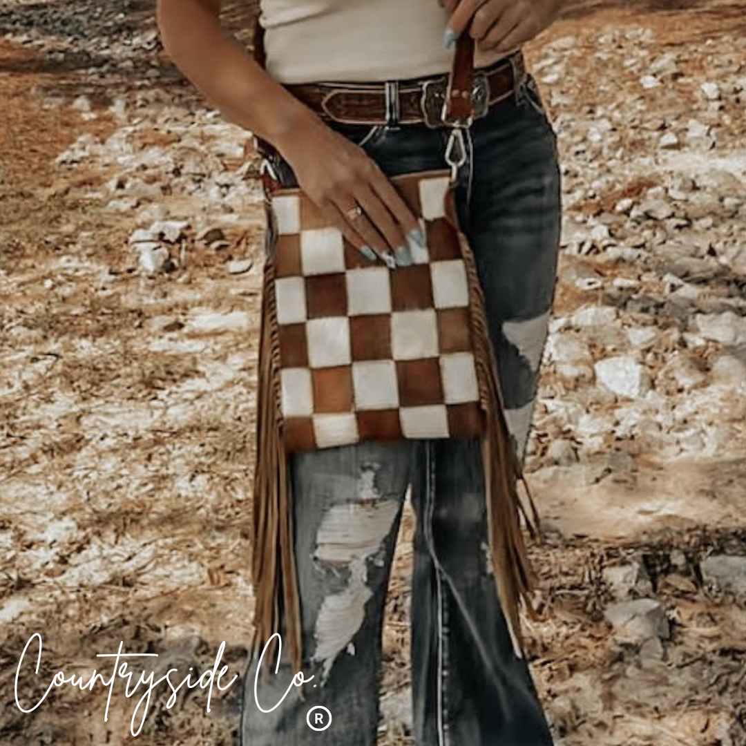 Checkered Cowhide Fringe Purse