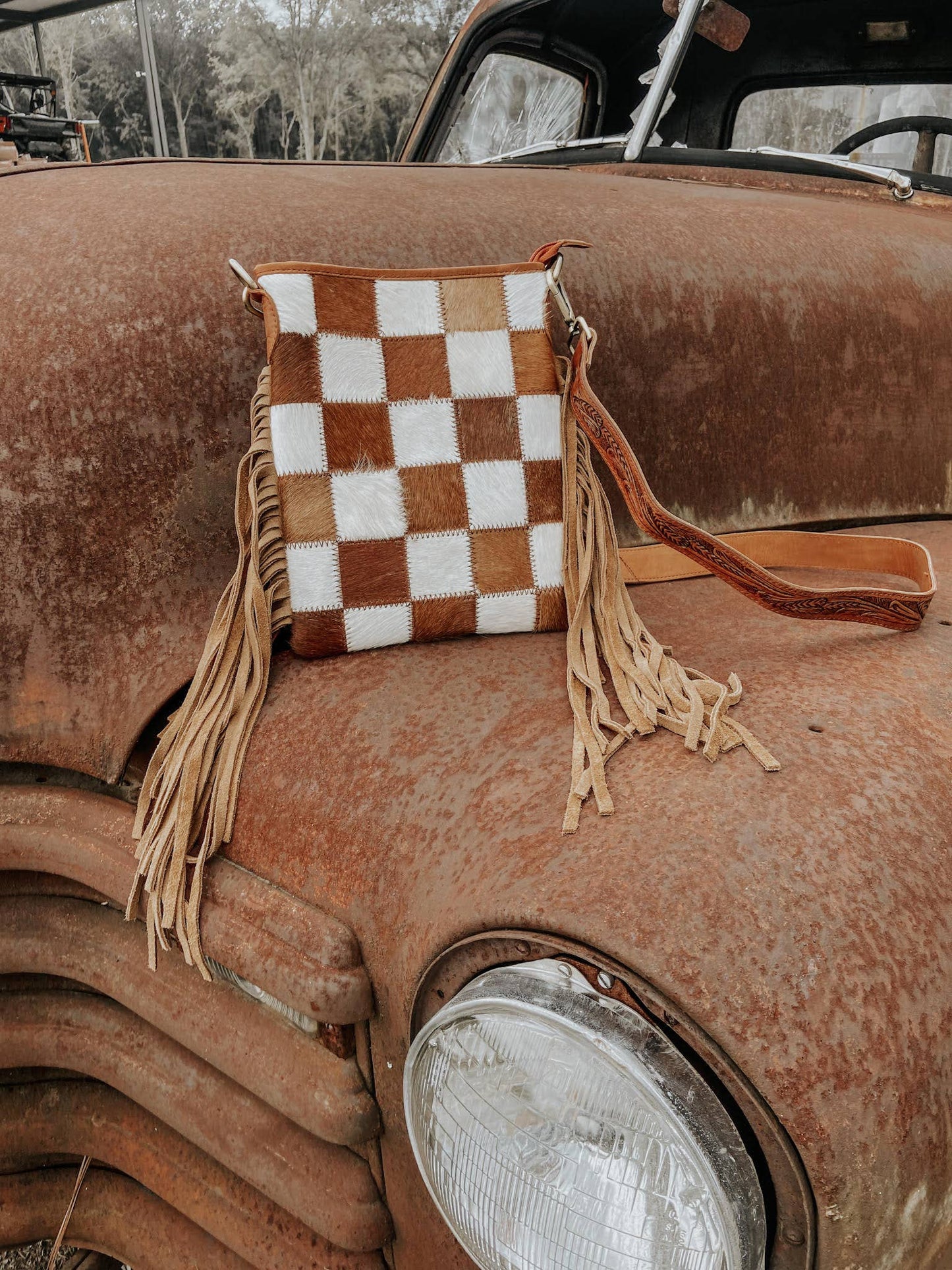 Checkered Cowhide Fringe Purse
