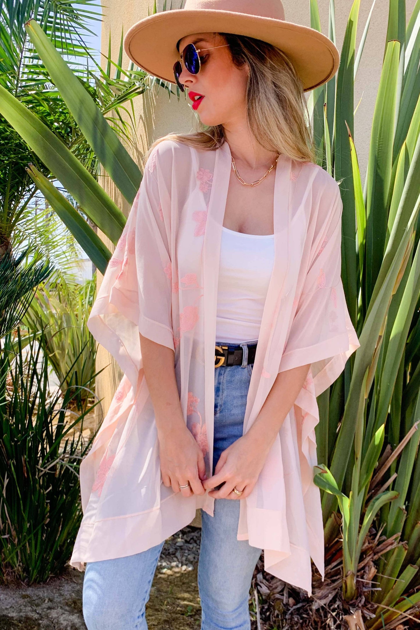 Blush Sheer Floral Embroidered Kimono