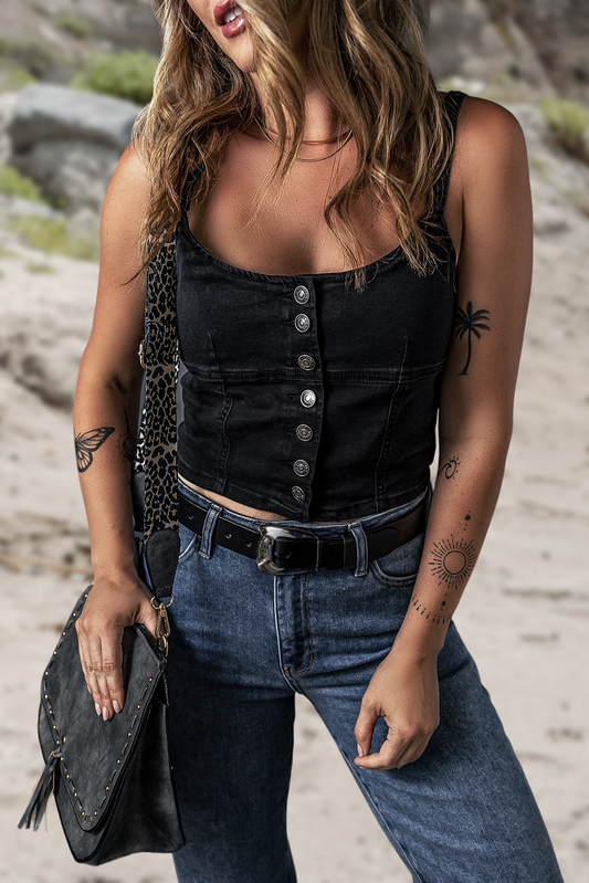 Button-up Cropped Denim Tank
