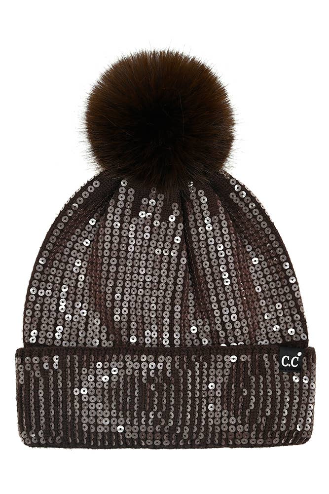 C.C All Over Clear Sequin Pom Beanie