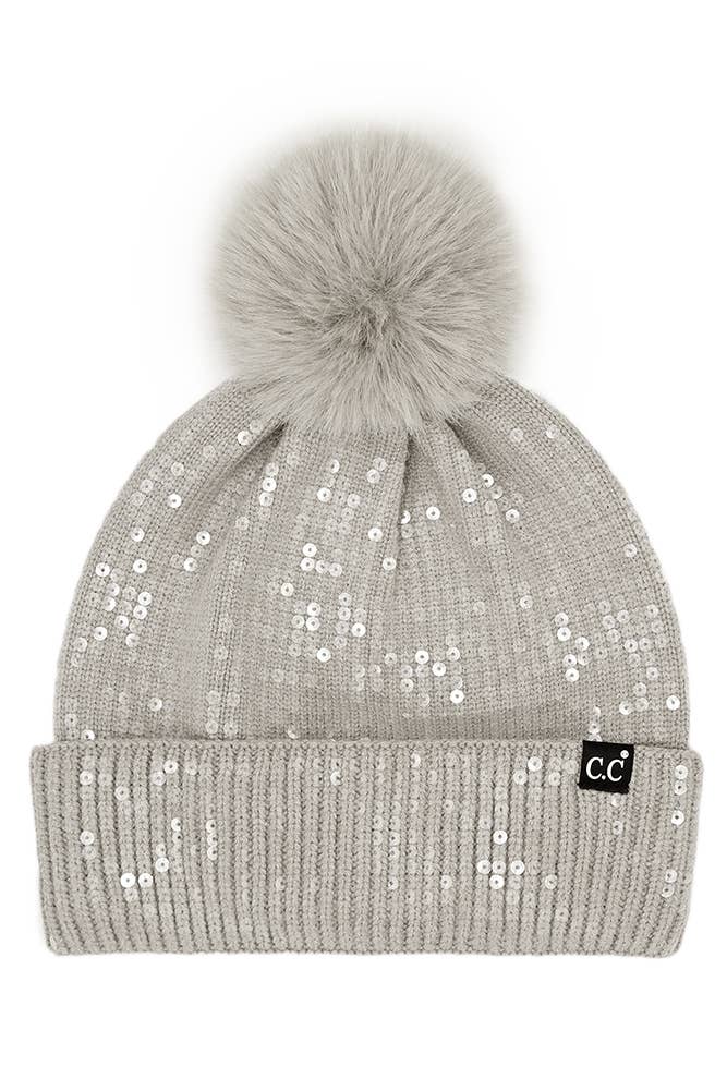 C.C All Over Clear Sequin Pom Beanie