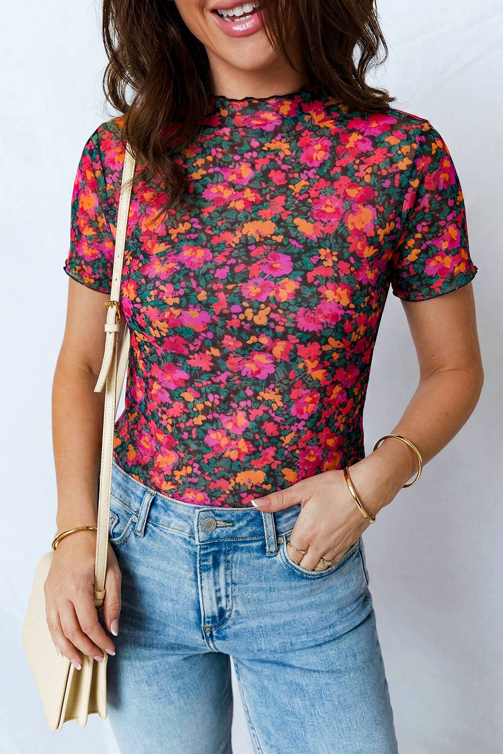 Retro Floral Mesh Top