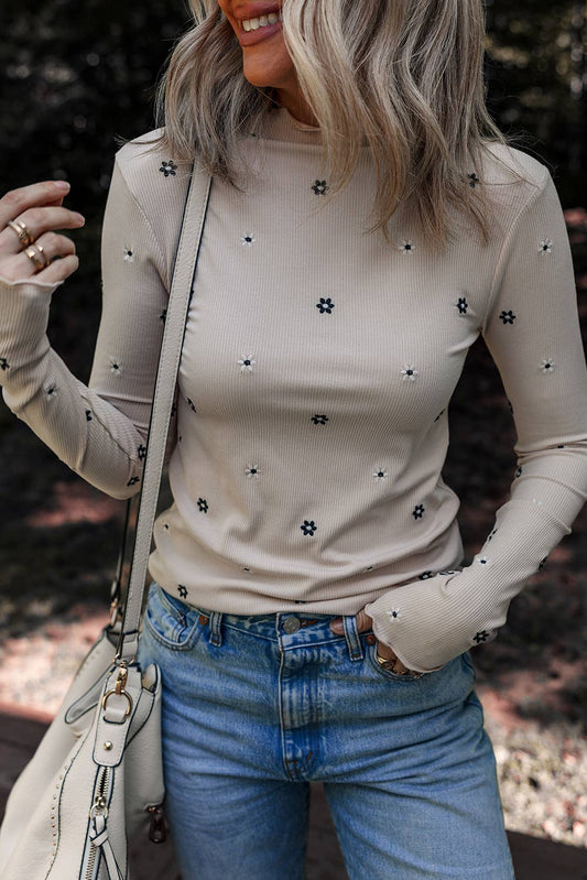 Floral Ribbed Mock Neck Long Sleeve Top