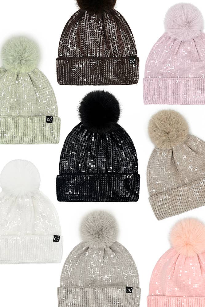 C.C All Over Clear Sequin Pom Beanie