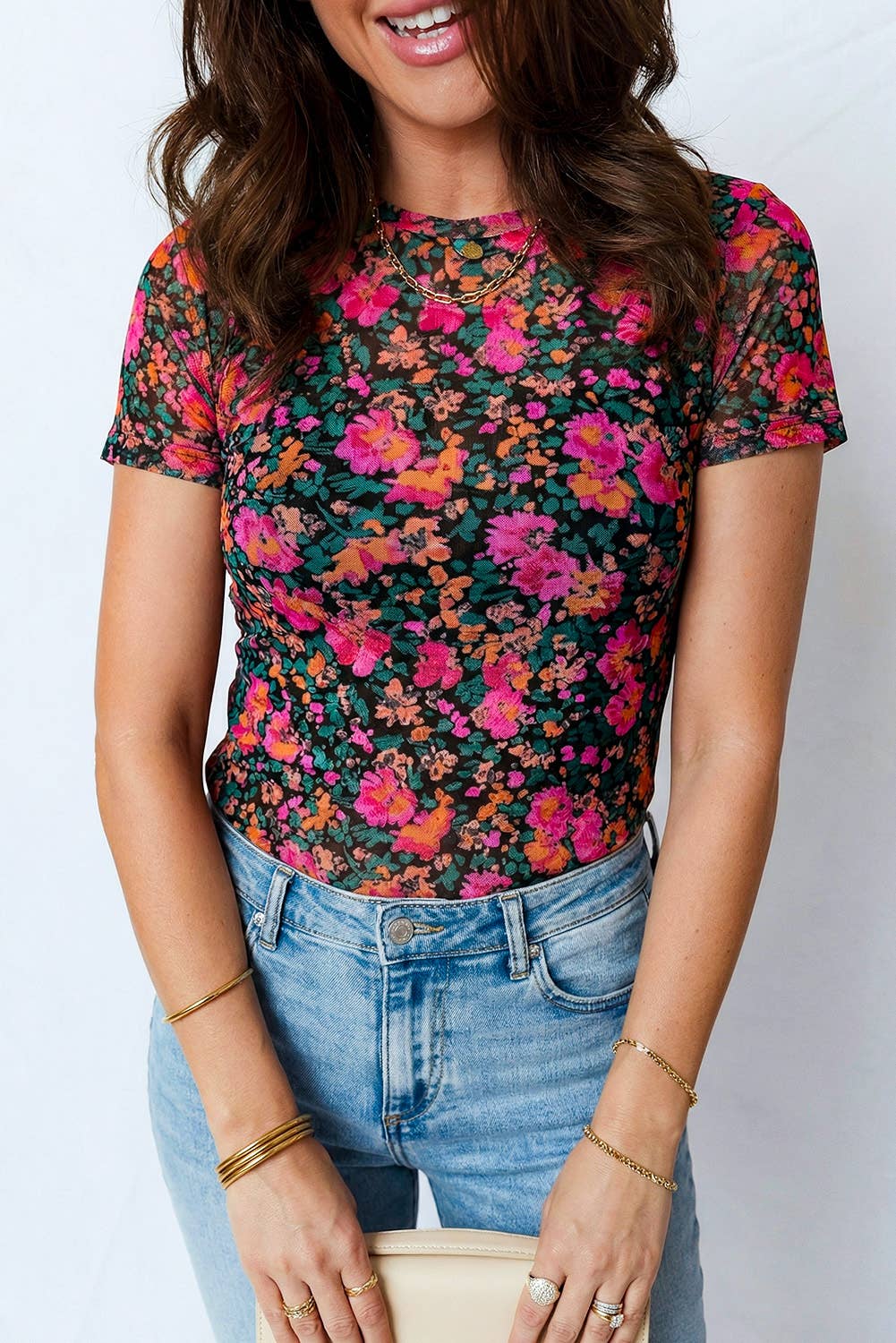Retro Floral Mesh Top