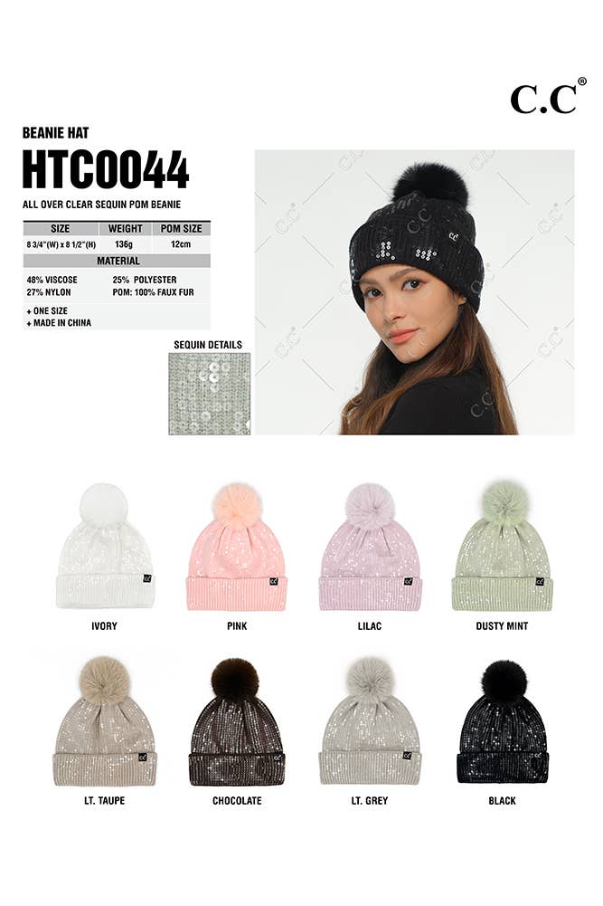 C.C All Over Clear Sequin Pom Beanie