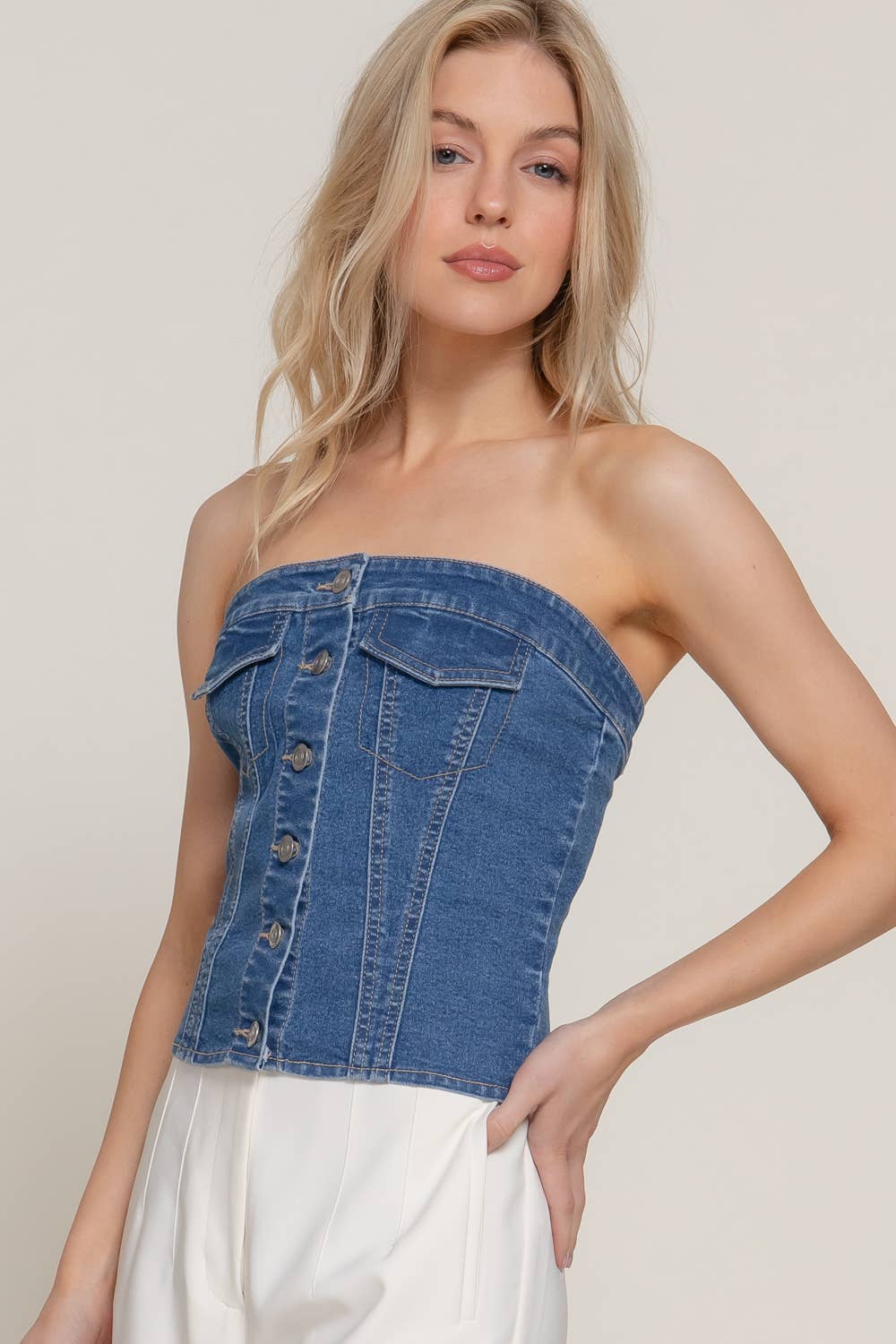 Button Down Denim Tube Top
