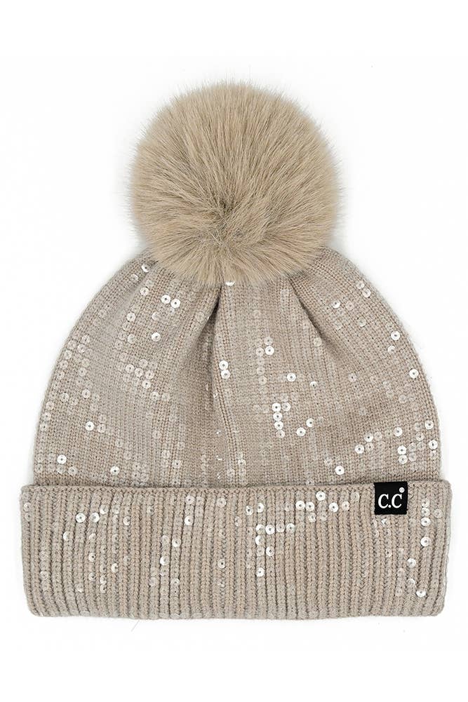 C.C All Over Clear Sequin Pom Beanie