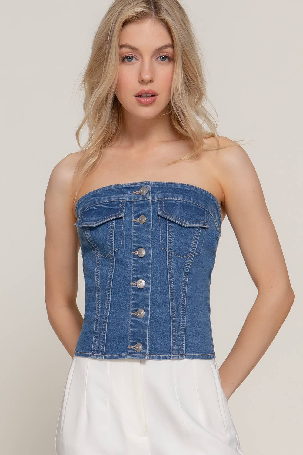 Button Down Denim Tube Top