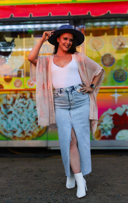 Blush Sheer Floral Embroidered Kimono