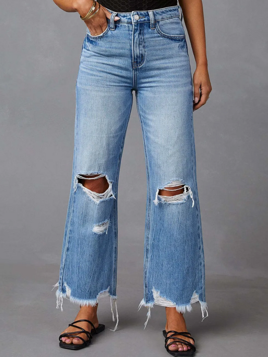 Distressed Raw Hem Jeans with Pockets