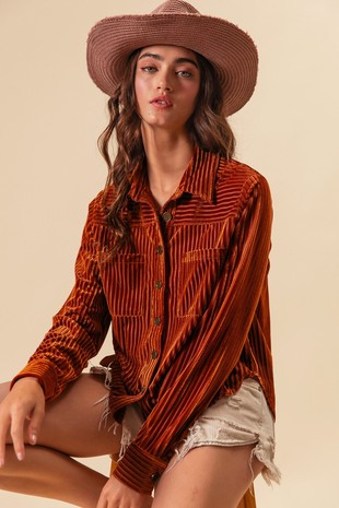 VELVET BUTTON DOWN TOP