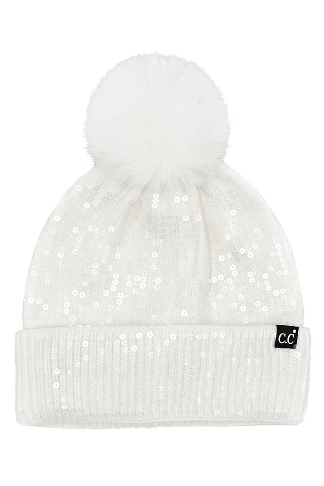 C.C All Over Clear Sequin Pom Beanie