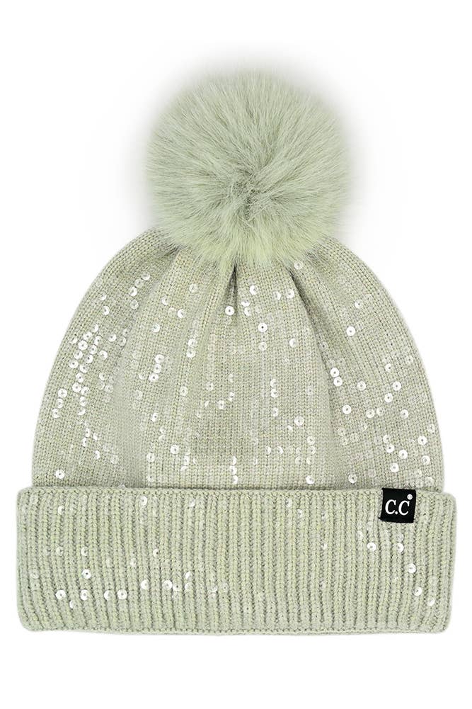 C.C All Over Clear Sequin Pom Beanie