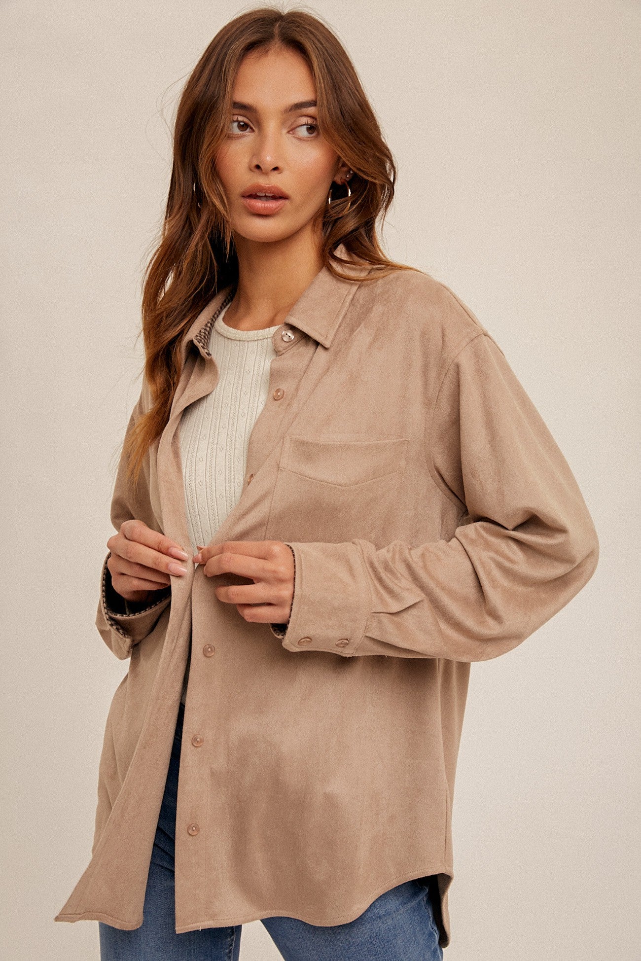 FAUX SUEDE BUTTON DOWN SHIRT